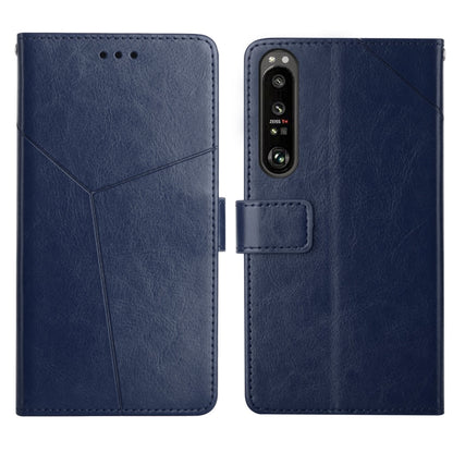 Leather flip phone case with card slots and holder—blue, front and back view