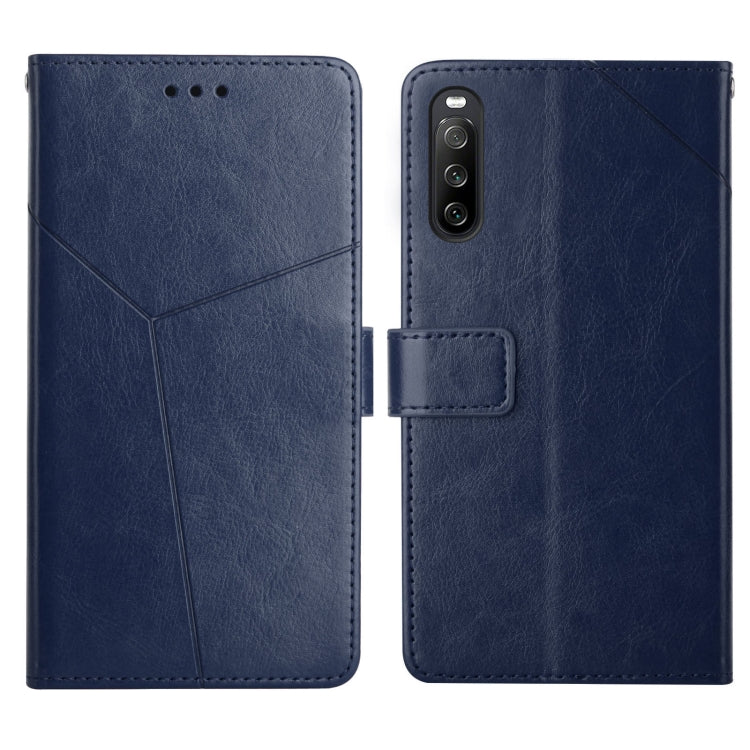 Leather flip phone case with card slots and holder—blue, front and back view
