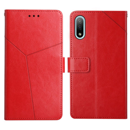 Red leather flip phone case with card slot flap, back camera cutout and magnetic holder