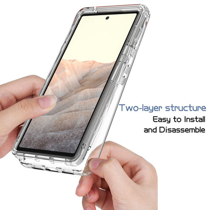 Transparent two-tone gradient phone case with TPU bumper, hands holding phone for installation