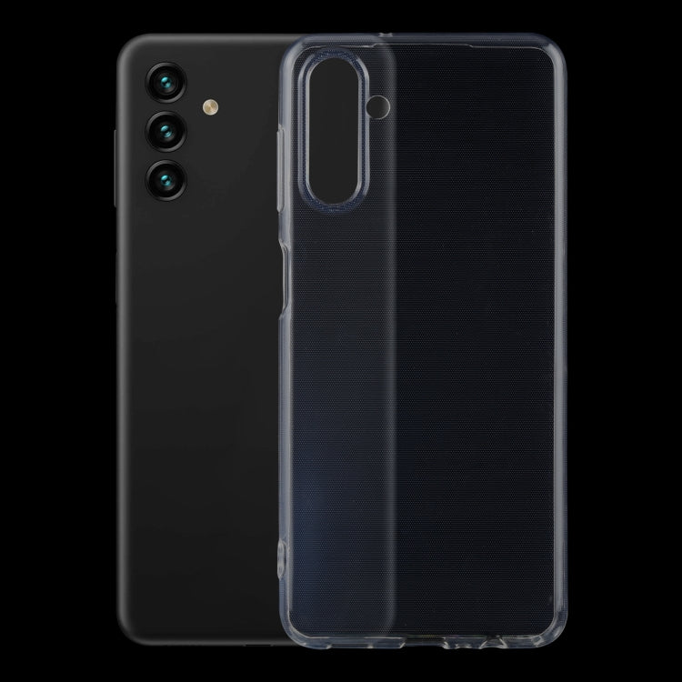 Transparent TPU phone case with camera cutout and raised edges, ultra-thin design.