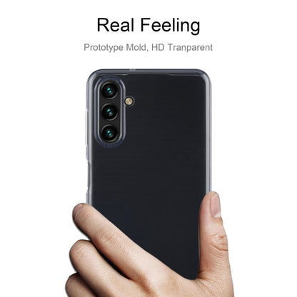 Transparent TPU phone case shown from back, camera openings and soft edge protection.
