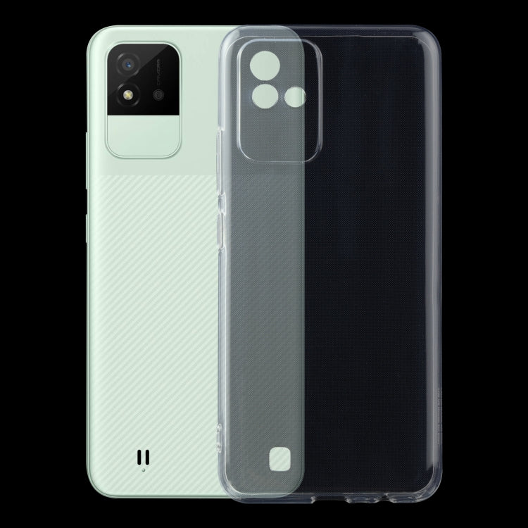 Transparent TPU phone case covering phone back and camera area, showing side cutouts.