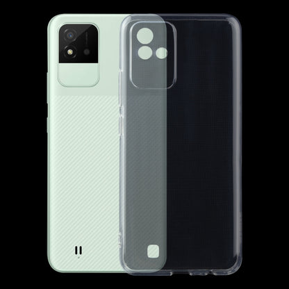 Transparent TPU phone case covering phone back and camera area, showing side cutouts.