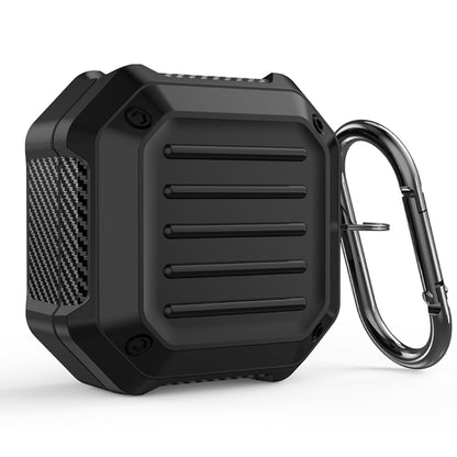 Black shockproof carbon fiber earbuds protective case with metal carabiner hook