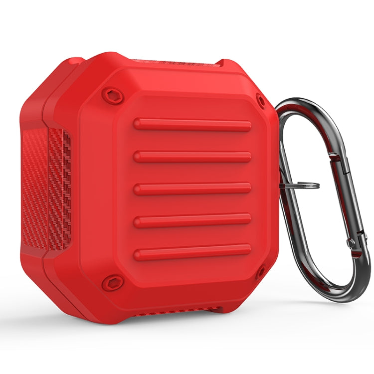 Red shockproof carbon fiber earbuds protective case with metal carabiner hook