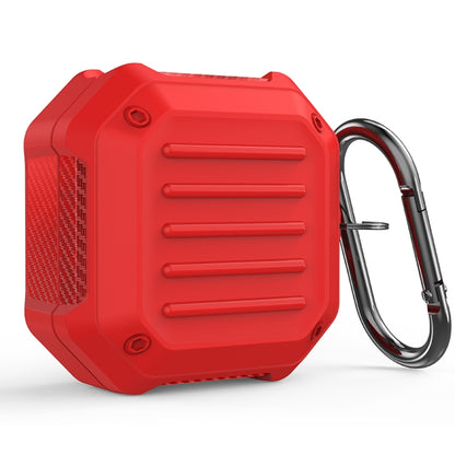 Red shockproof carbon fiber earbuds protective case with metal carabiner hook