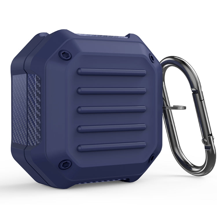 Blue shockproof carbon fiber earbuds protective case with metal carabiner hook