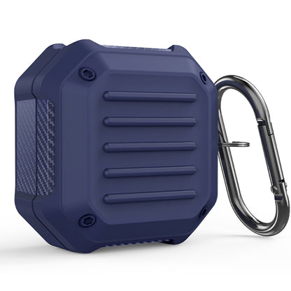 Blue shockproof carbon fiber earbuds protective case with metal carabiner hook