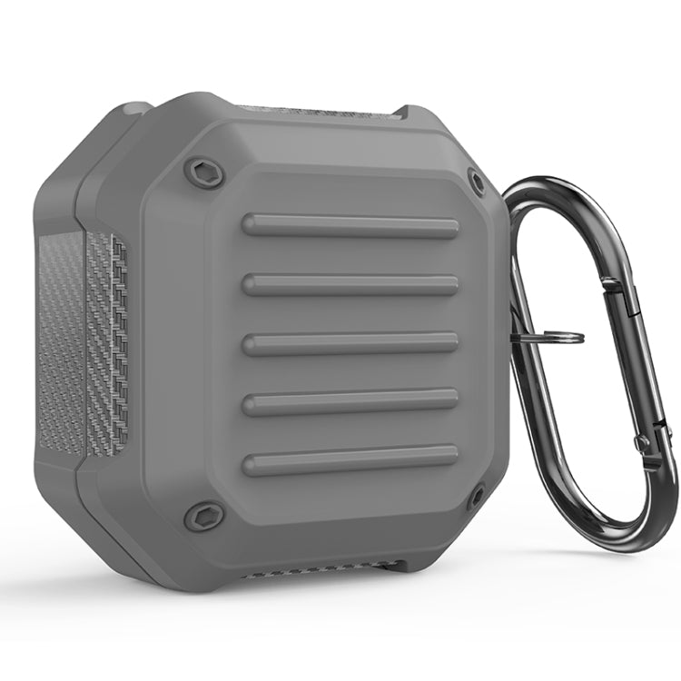 Grey shockproof carbon fiber earbuds protective case with metal carabiner hook