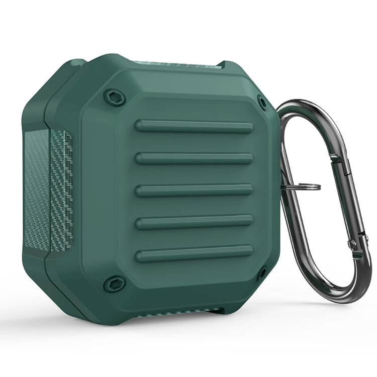 Green shockproof carbon fiber earbuds protective case with metal carabiner hook