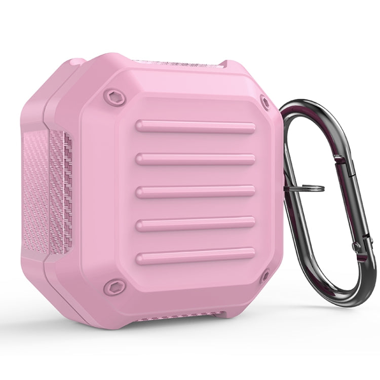 Pink shockproof carbon fiber earbuds protective case with metal carabiner hook