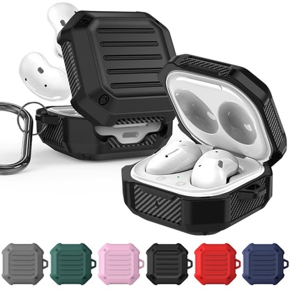 Open black earbuds protective case with carabiner hook and white earbuds