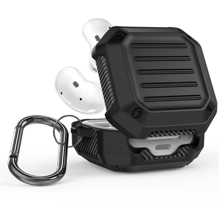Closed black earbuds protective case with carabiner hook and white earbuds