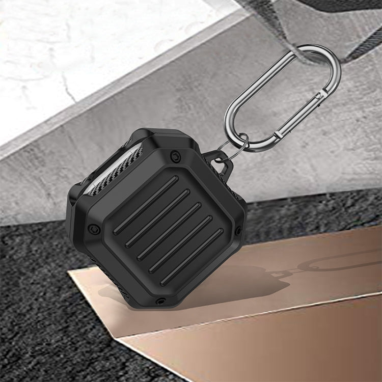 Black shockproof earbuds protective case with metal carabiner hook attached
