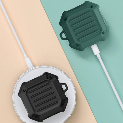 Black shockproof earbud protective case with hook, with ridged button cover