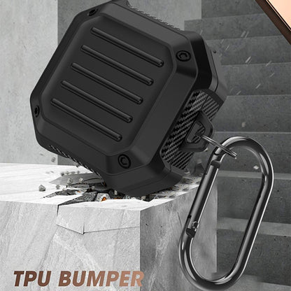 Black shockproof TPU bumper earbud case with carabiner-style hook on keyring