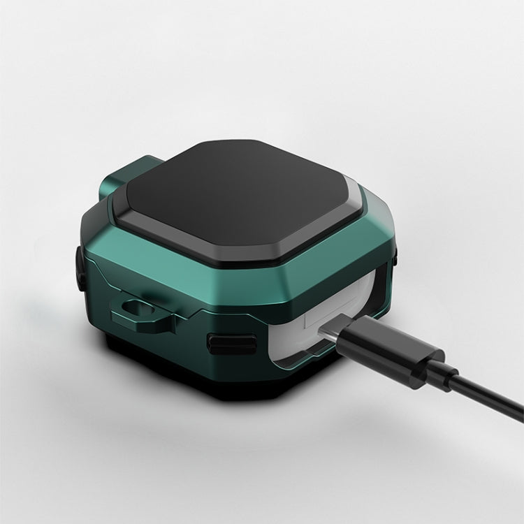 Protective earbud case with anti-fall switch, teal and black, charging port cutout