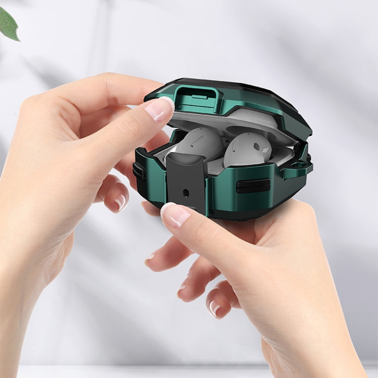Protective earbud case opened, showing earbud compartments, teal and black
