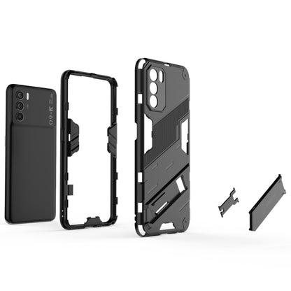 Black rugged phone case with detachable frame design and cutouts for buttons and ports