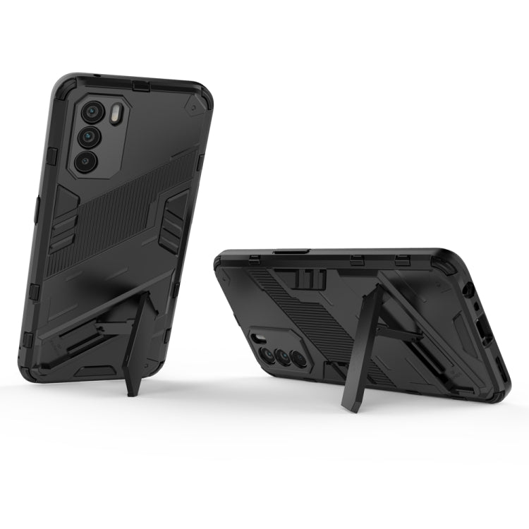 Black rugged phone case with angled holder kickstand and shockproof bump protection