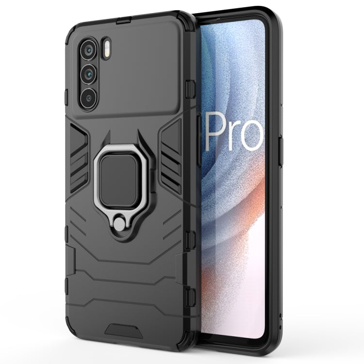 Shockproof rugged phone case with magnetic ring stand, black, raised camera protection