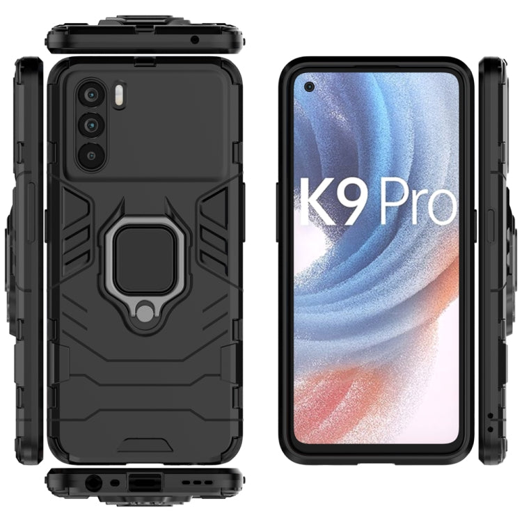 Rugged shockproof phone case with magnetic ring stand, black, front and back views