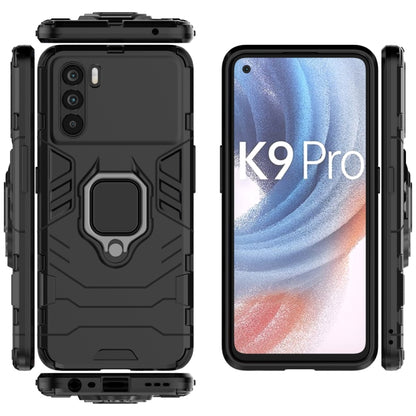Rugged shockproof phone case with magnetic ring stand, black, front and back views