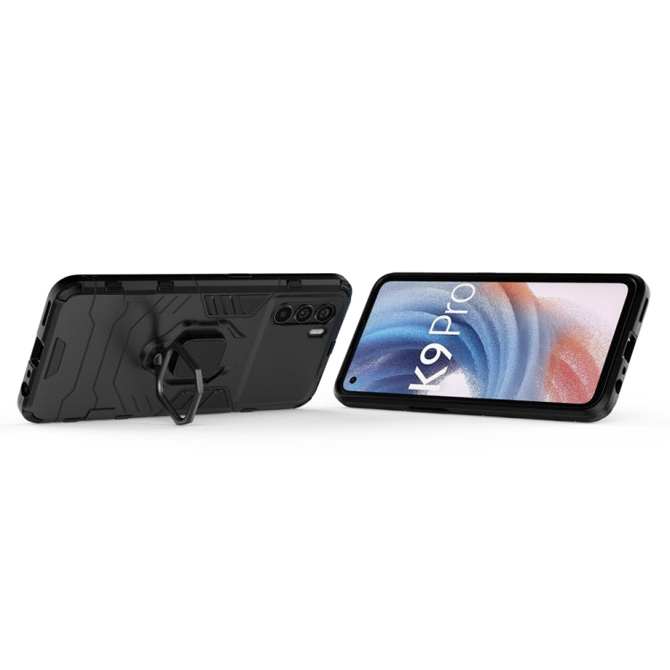 Rugged shockproof phone case with magnetic ring stand, black, angled back and front