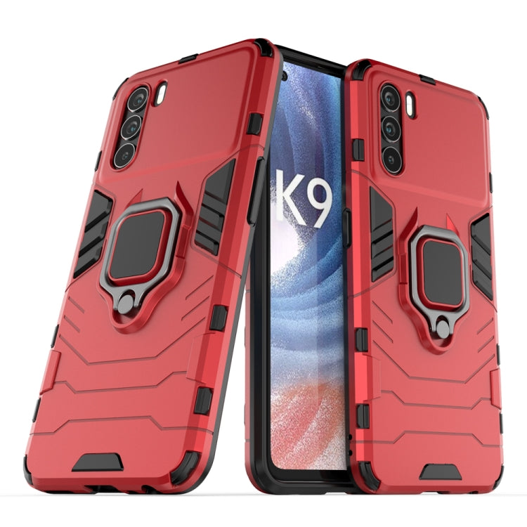 Rugged shockproof phone case with magnetic ring stand, red, PC+TPU protective shell