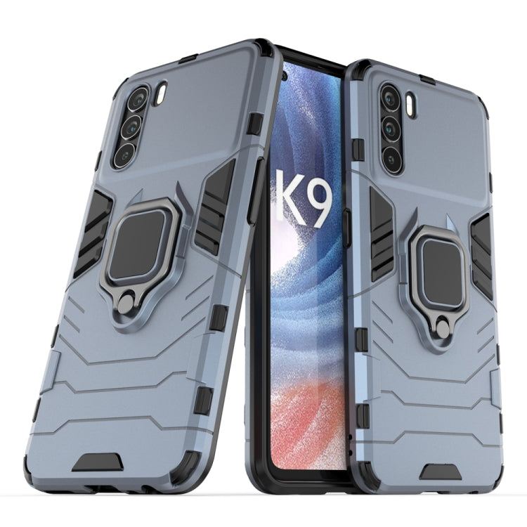 Shockproof rugged phone case with magnetic ring stand, light blue, raised camera cover