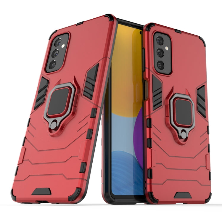 Shockproof phone case with magnetic ring holder, red dual-layer armor design