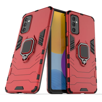 Shockproof phone case with magnetic ring holder, red dual-layer armor design