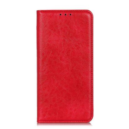 Red textured magnetic flip phone case, slim vertical front cover with top speaker cutouts
