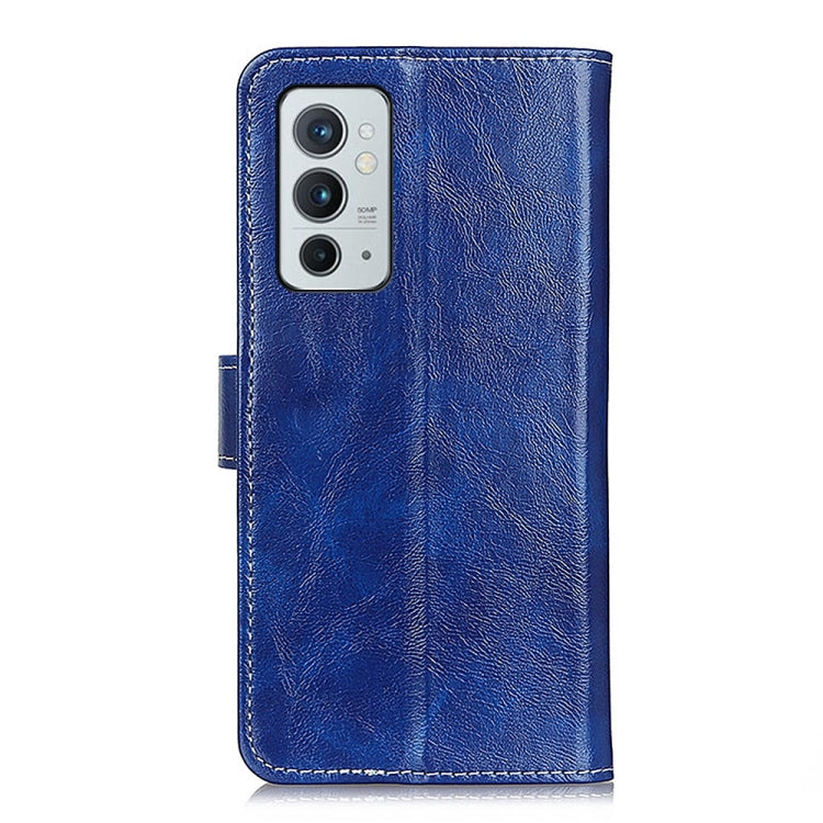 Blue leather flip phone case with textured finish and precise camera openings.