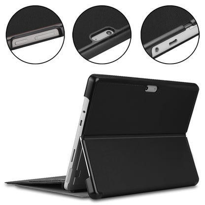Black leather flip tablet case showing side buttons, ports, and hinge stand