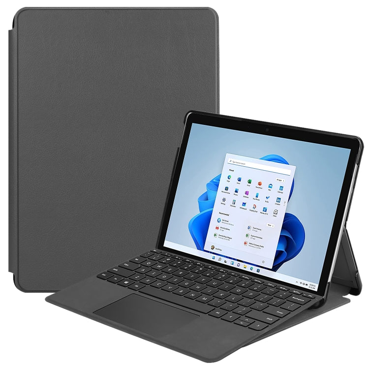 Grey leather flip tablet case with front cover and laptop-style stand