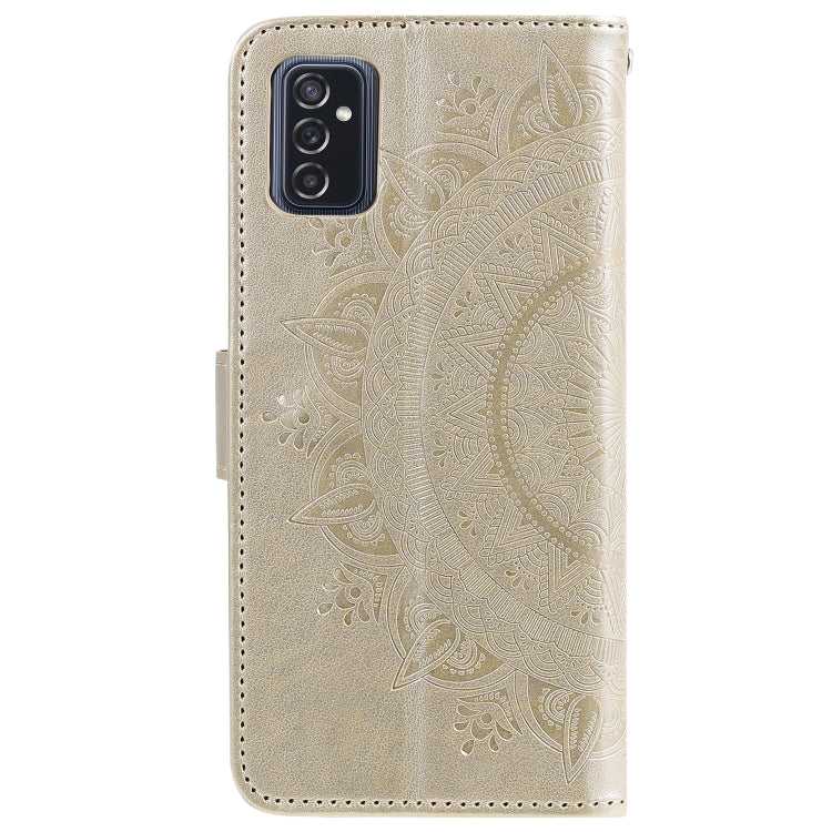 Gold embossed floral leather flip phone case with cutouts for cameras and buttons