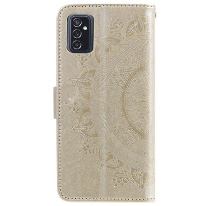 Gold embossed floral leather flip phone case with cutouts for cameras and buttons