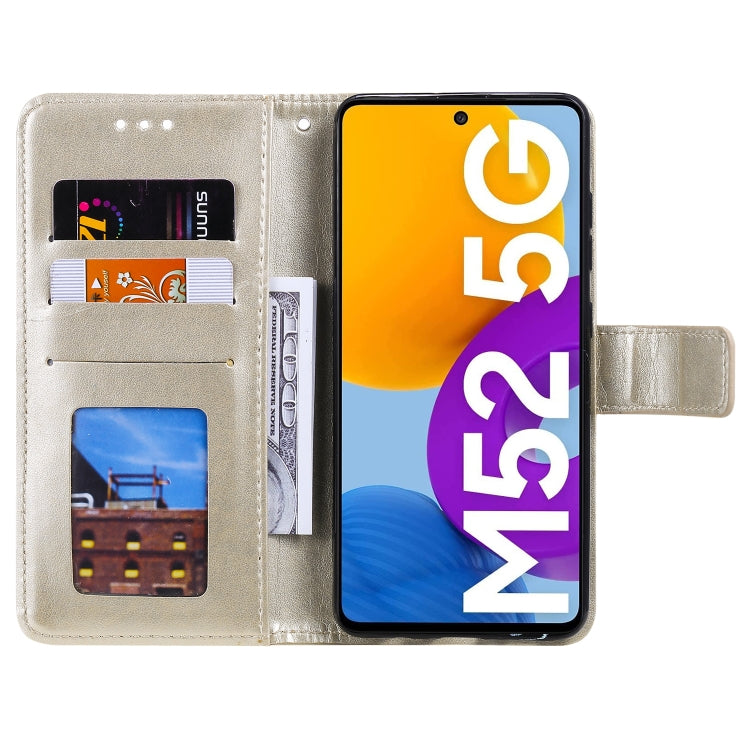 Gold embossed floral flip phone case open view showing card slots and phone holder