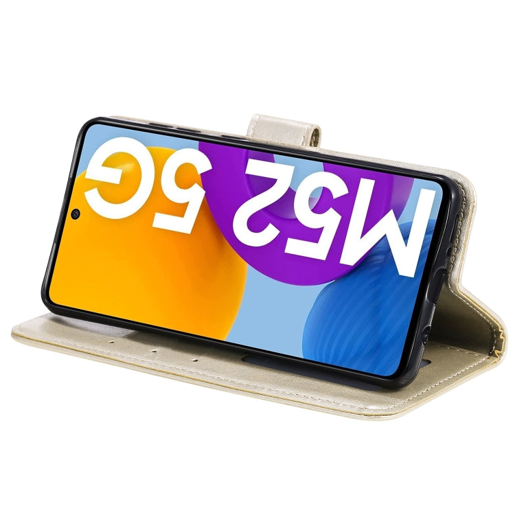 Gold embossed floral leather flip case in stand mode for hands-free viewing