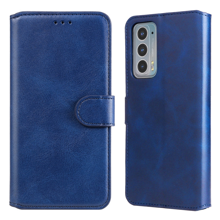 Blue leather flip phone case with side strap and cutouts for camera and buttons
