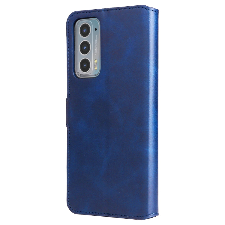 Blue leather flip phone case with raised camera cutouts on the back
