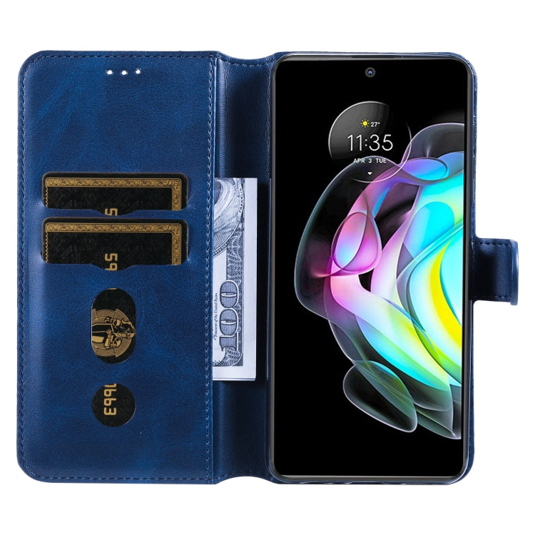 Blue leather flip phone case with card slots and front camera opening