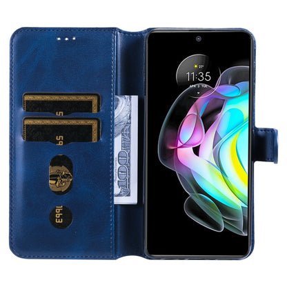 Blue leather flip phone case with card slots and front camera opening