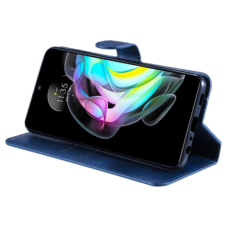 Blue leather flip phone case with horizontal viewing stand for the phone