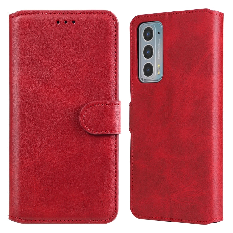 Red leather flip phone case with side strap and cutouts for camera and buttons