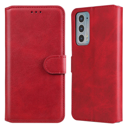 Red leather flip phone case with side strap and cutouts for camera and buttons