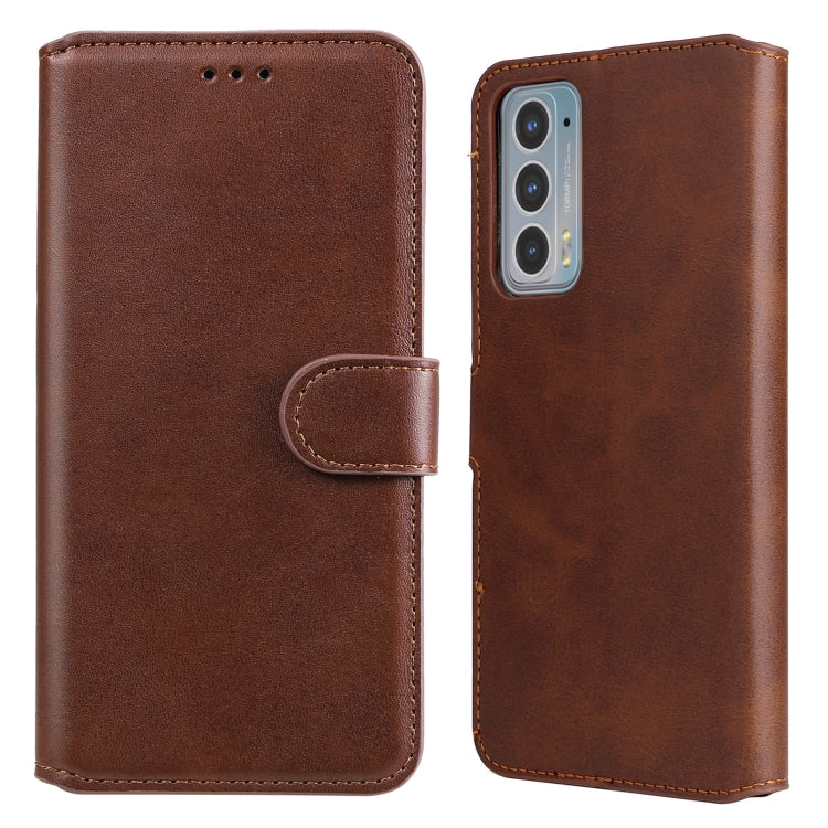 Brown leather flip phone case with side strap and front camera cutout