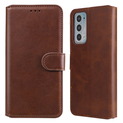 Brown leather flip phone case with side strap and front camera cutout